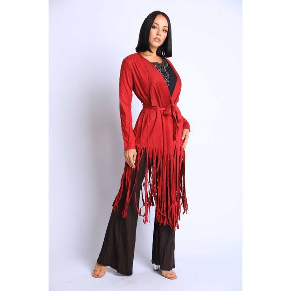 Boutique Tops - Women's Long Sleeve Casual Laser Cut Tassel Detailed Red Midi Jacket Size S,M,L